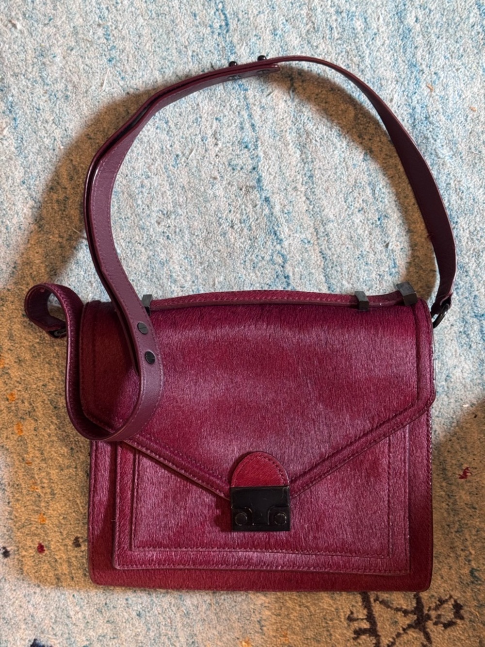 Loeffler Randall Medium Rider Burgundy Calf hair and Leather Shoulder Bag